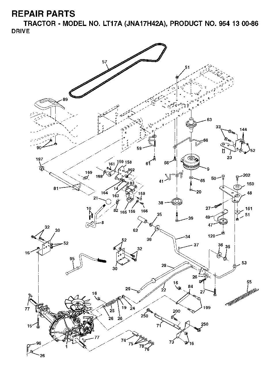 Drive Diagram and Parts List for LT17A (954130086)(2003-01) Jonsered Lawn Tractor