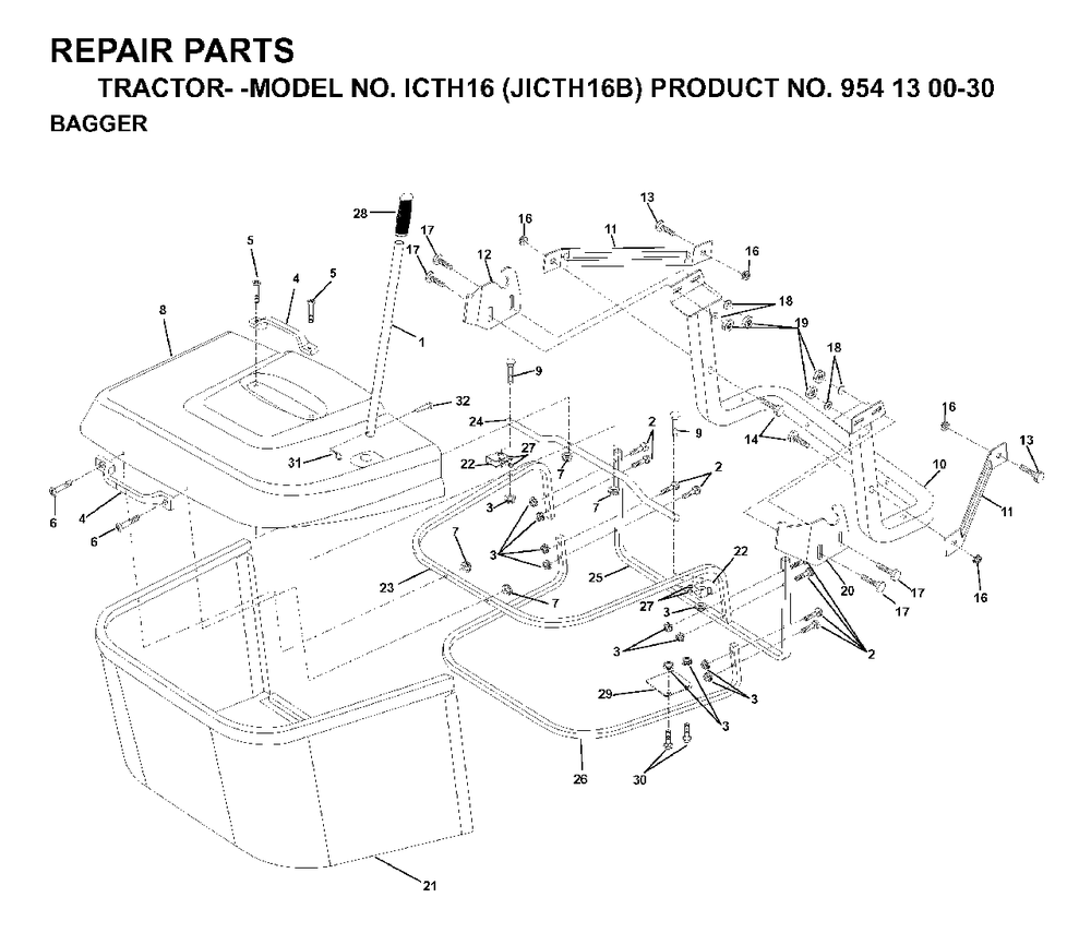 Bagger Diagram and Parts List for ICTH16 (954130030)(1999-03) Jonsered Lawn Tractor