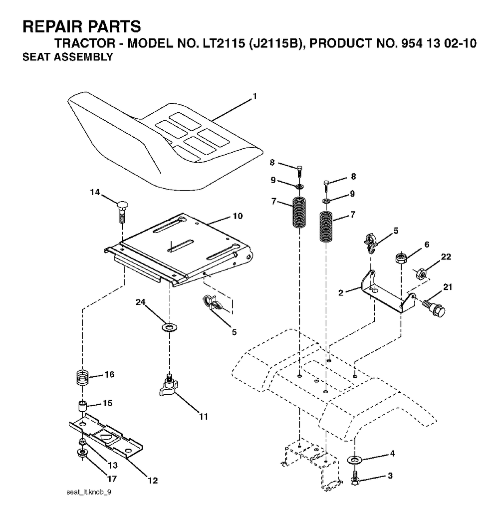 Seat Diagram and Parts List for LT2115 (954130210)(2004-06) Jonsered Lawn Tractor