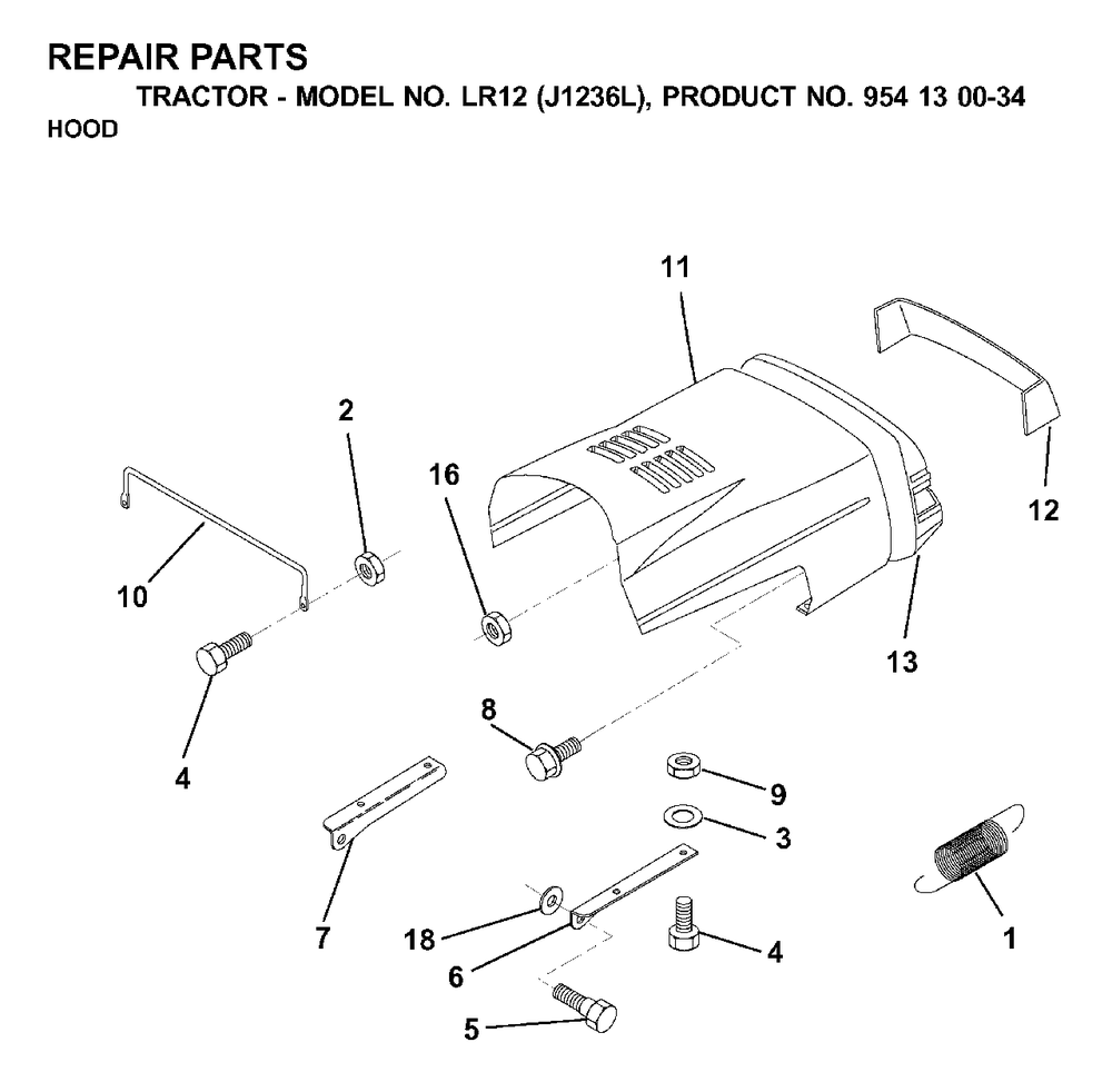 Hood Diagram and Parts List for LR12 (954130034)(2000-03) Jonsered Lawn Tractor