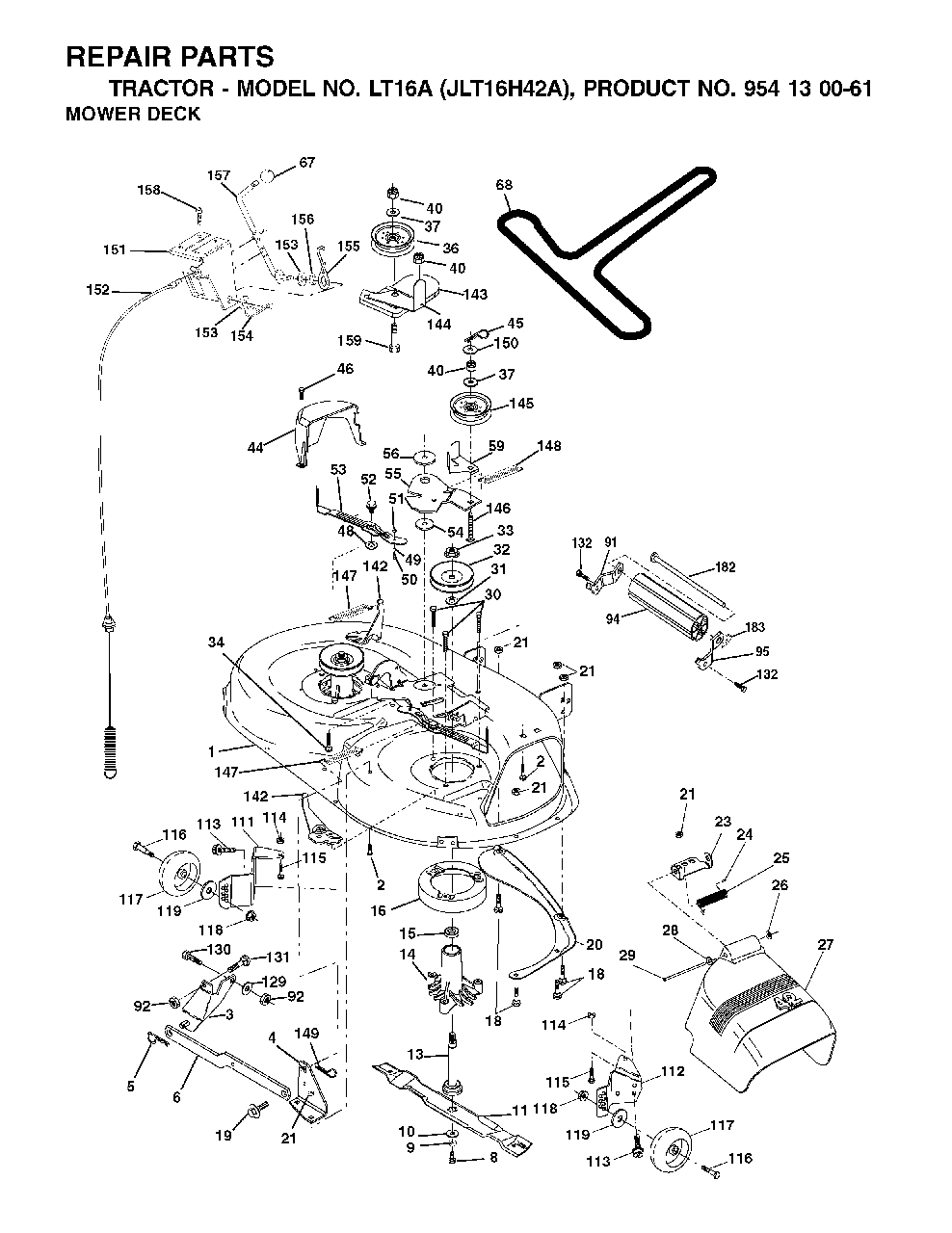 Mower Deck / Cutting Deck Diagram and Parts List for LT16A (954130061)(2002-06) Jonsered Lawn Tractor