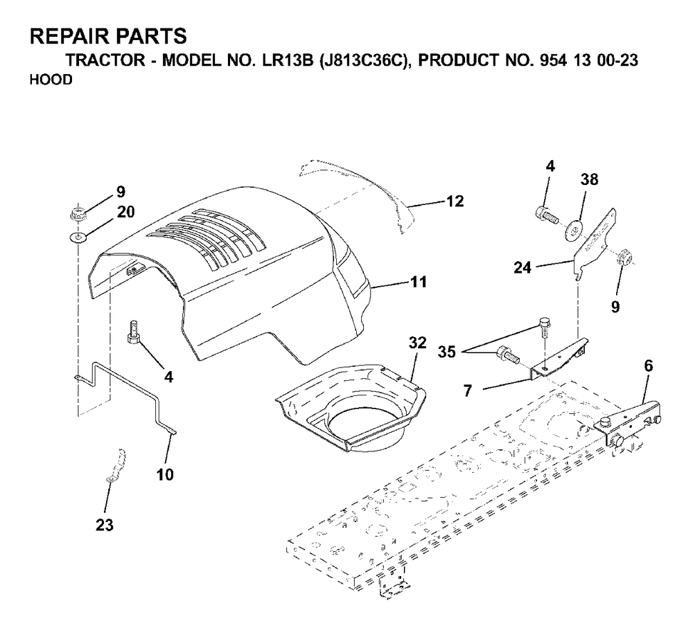 Hood Diagram and Parts List for LR13B (954130023)(2000-03) Jonsered Lawn Tractor