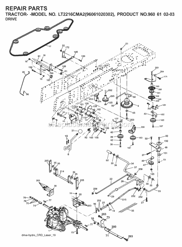 Drive Diagram and Parts List for LT2216CMA2 (960610203-96061020302)(2008-01) Jonsered Lawn Tractor