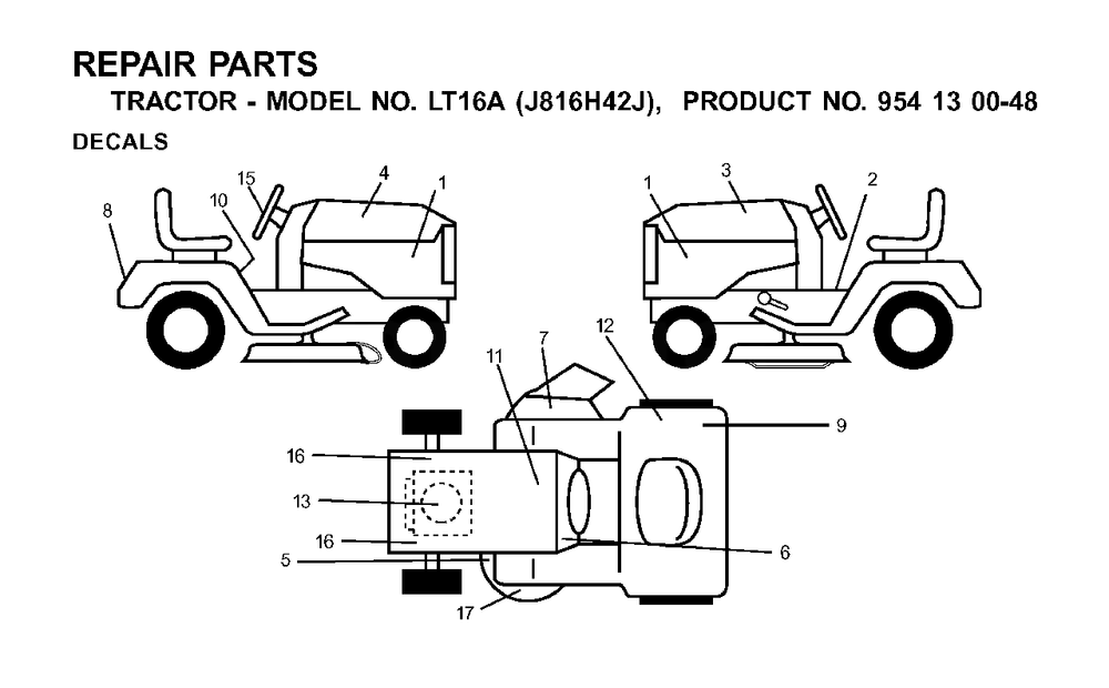 Decals Diagram and Parts List for LT16A (954130048)(2001-02) Jonsered Lawn Tractor