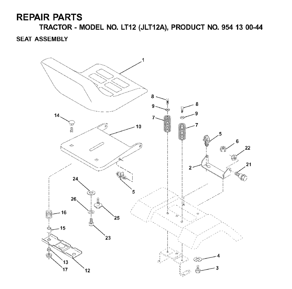 Seat Diagram and Parts List for LT12 (954130044)(2001-01) Jonsered Lawn Tractor