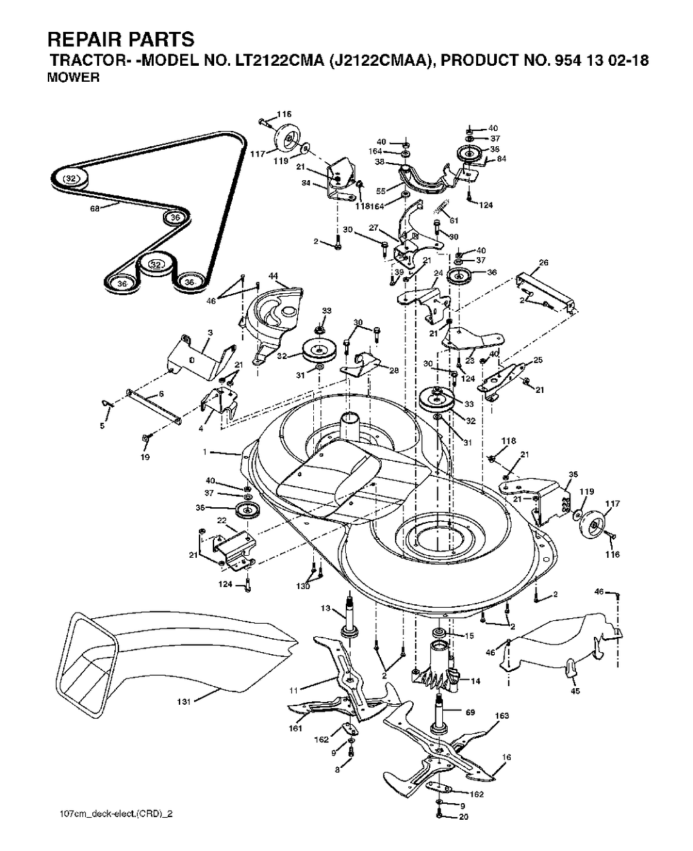 Mower Deck / Cutting Deck Diagram and Parts List for LT2122CMA (954130218)(2004-01) Jonsered Lawn Tractor