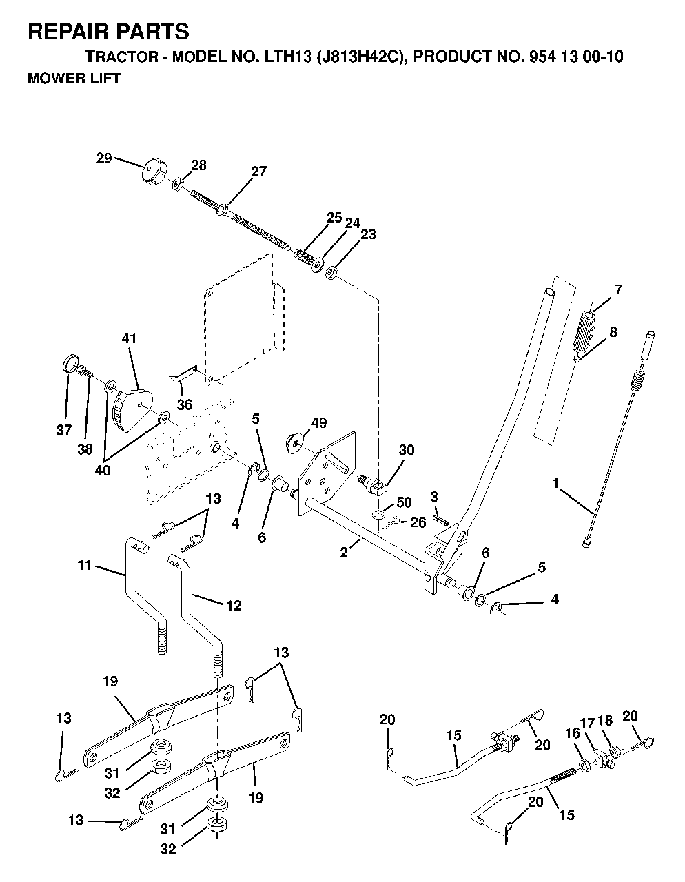 Mower Lift / Deck Lift Diagram and Parts List for LTH13 (954130010)(1998-12) Jonsered Lawn Tractor