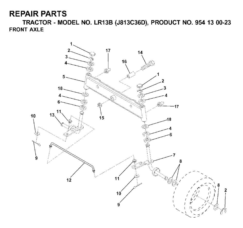 Front Axel Diagram and Parts List for LR13B (954130023)(2000-04) Jonsered Lawn Tractor
