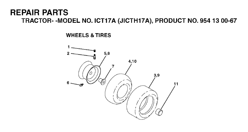 Wheels Tires Diagram and Parts List for ICT17A (954130067)(2002-02) Jonsered Lawn Tractor