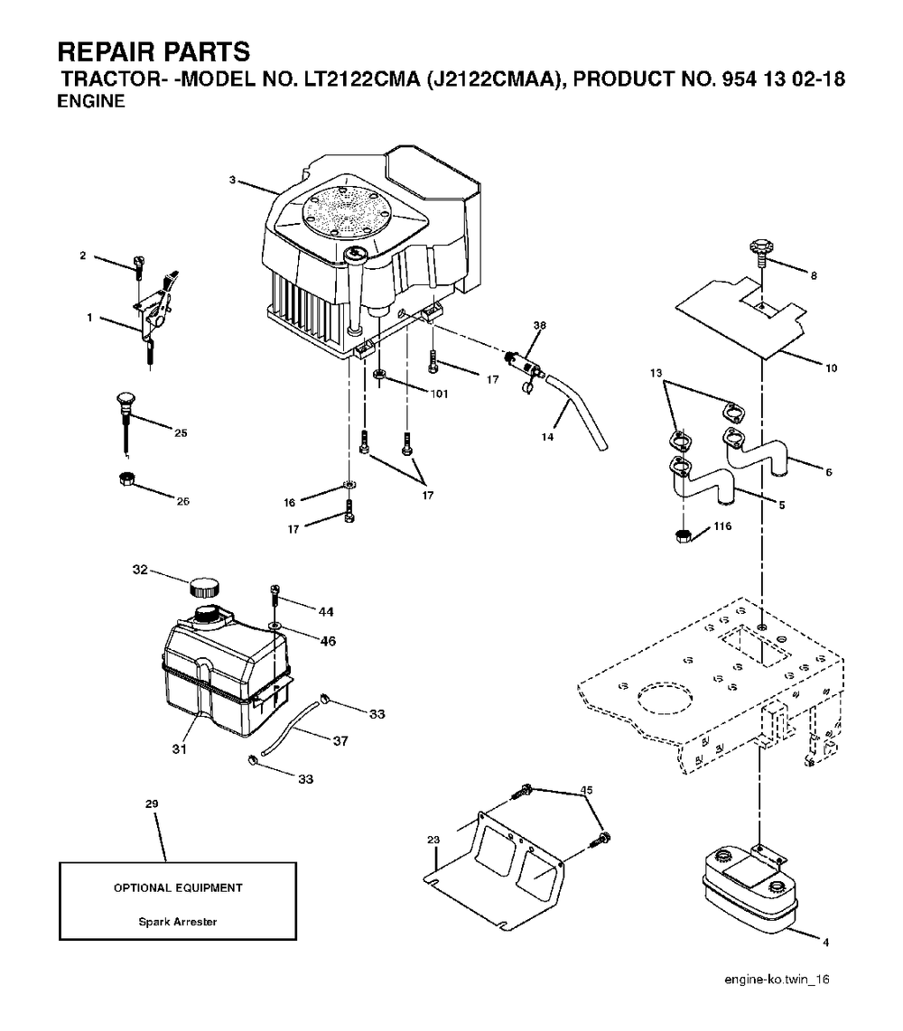 Engine Diagram and Parts List for LT2122CMA (954130218)(2004-01) Jonsered Lawn Tractor