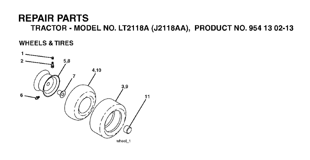 Wheels Tires Diagram and Parts List for LT2118A (954130213)(2004-01) Jonsered Lawn Tractor