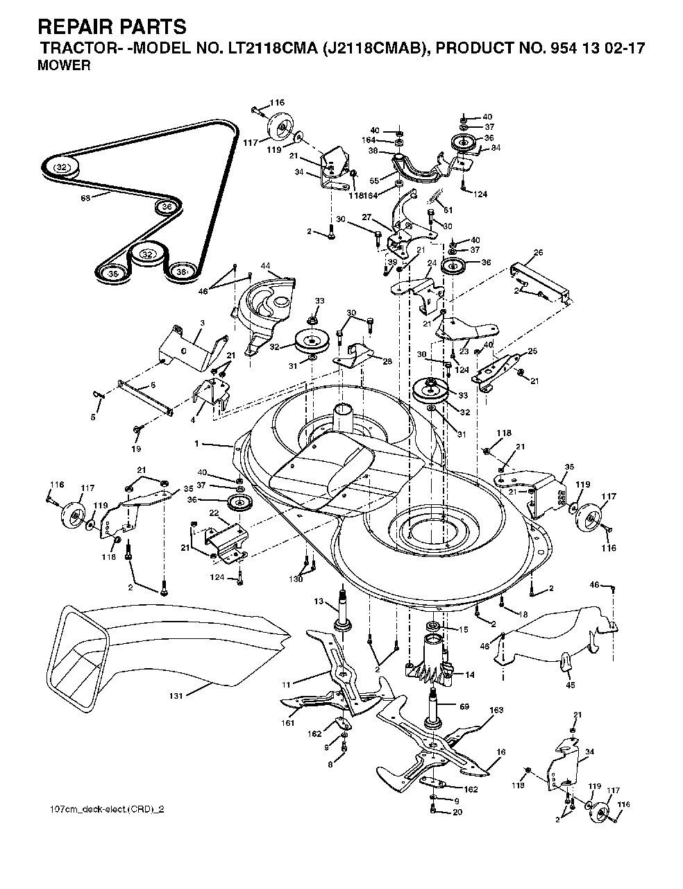 Mower Deck / Cutting Deck Diagram and Parts List for LT2118CMA (954130217-B)(2004-06) Jonsered Lawn Tractor