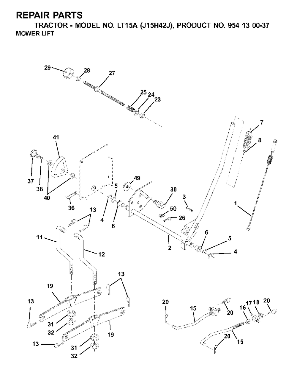 Mower Lift / Deck Lift Diagram and Parts List for LT15A (954130037-J)(2001-01) Jonsered Lawn Tractor