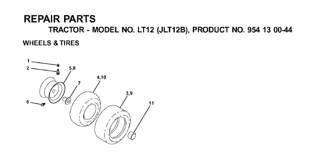 Wheels Tires Diagram and Parts List for LT12 (954130044)(2001-02) Jonsered Lawn Tractor