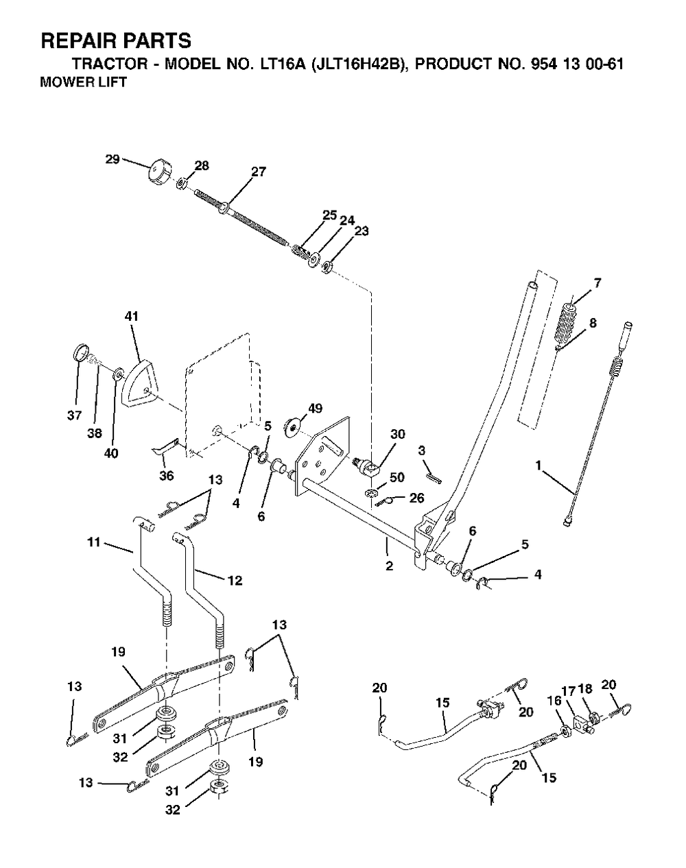 Mower Lift / Deck Lift Diagram and Parts List for LT16A (954130061)(2002-03) Jonsered Lawn Tractor