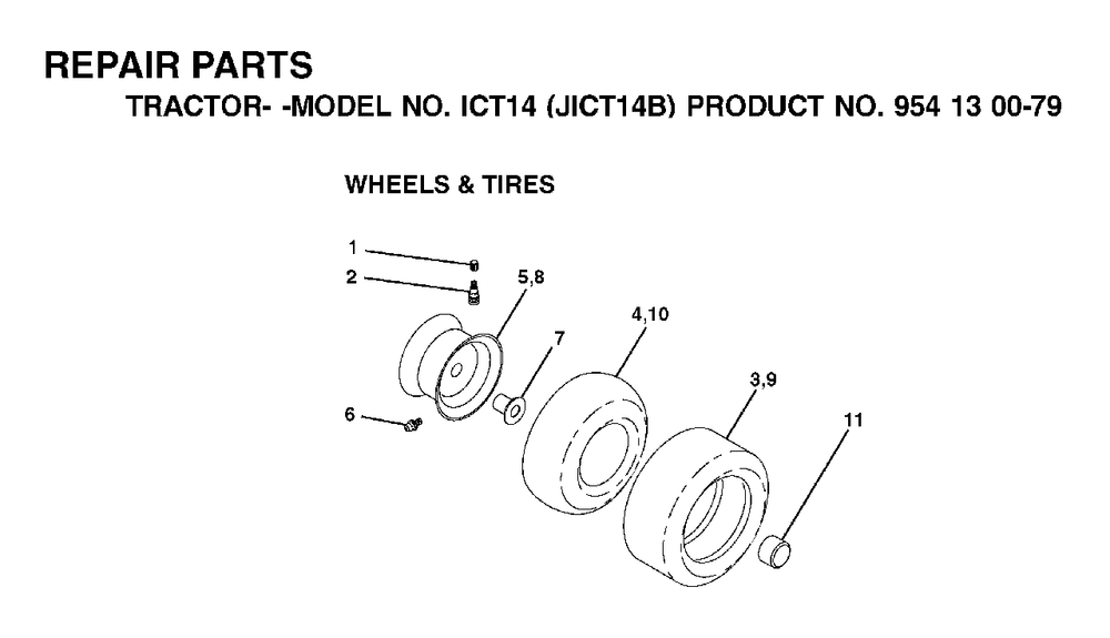 Wheels Tires Diagram and Parts List for ICT14 (954130079)(2002-02) Jonsered Lawn Tractor