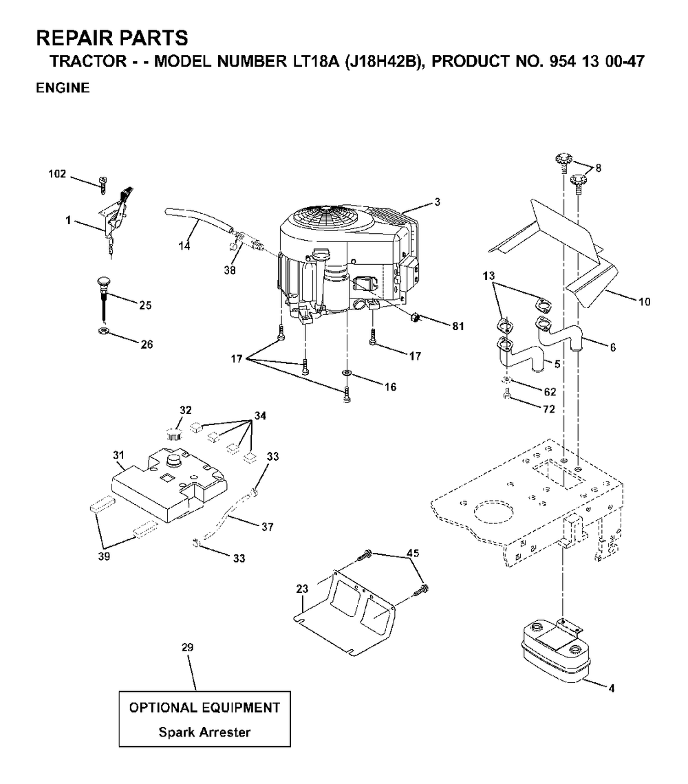 Engine Diagram and Parts List for LT18A (954130047-B)(2001-01) Jonsered Lawn Tractor