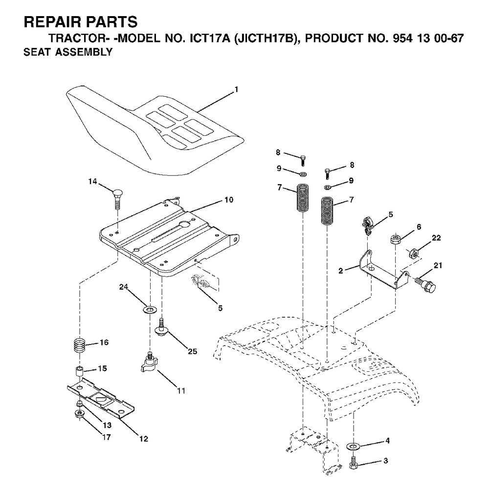 Seat Diagram and Parts List for ICT17A (954130067)(2002-06) Jonsered Lawn Tractor