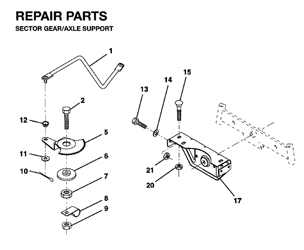 Sector Gear / Axle Support Diagram and Parts List for LRH13 1995-01 Jonsered Lawn Tractor