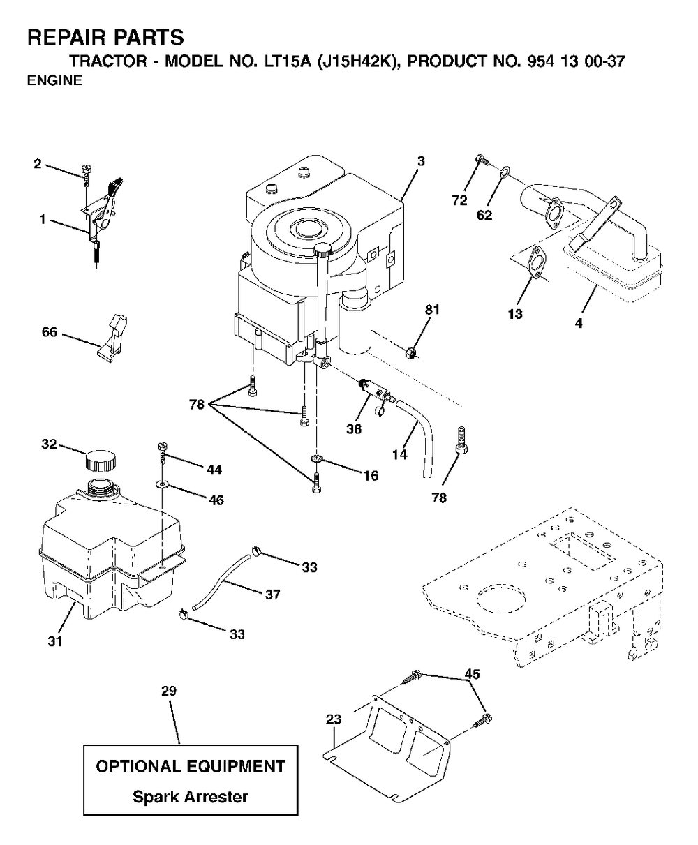 Engine Cutting Equipment Diagram and Parts List for LT15A (954130037-K)(2001-09) Jonsered Lawn Tractor