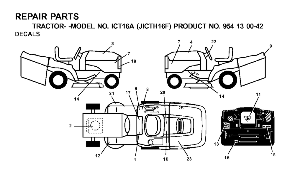 Decals Diagram and Parts List for ICT16A (954130042-F)(2001-02) Jonsered Lawn Tractor