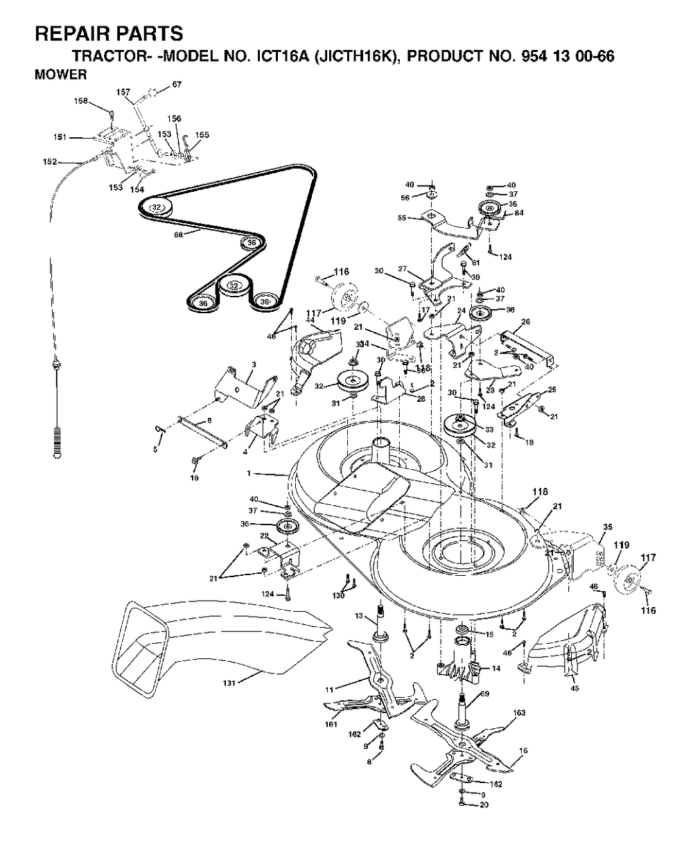 Mower Deck / Cutting Deck Diagram and Parts List for ICT16A (954130066-K)(2002-06) Jonsered Lawn Tractor