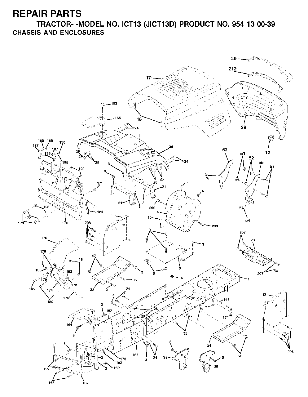 Chassis Enclosures Diagram and Parts List for ICT13 (954130039)(2001-01) Jonsered Lawn Tractor