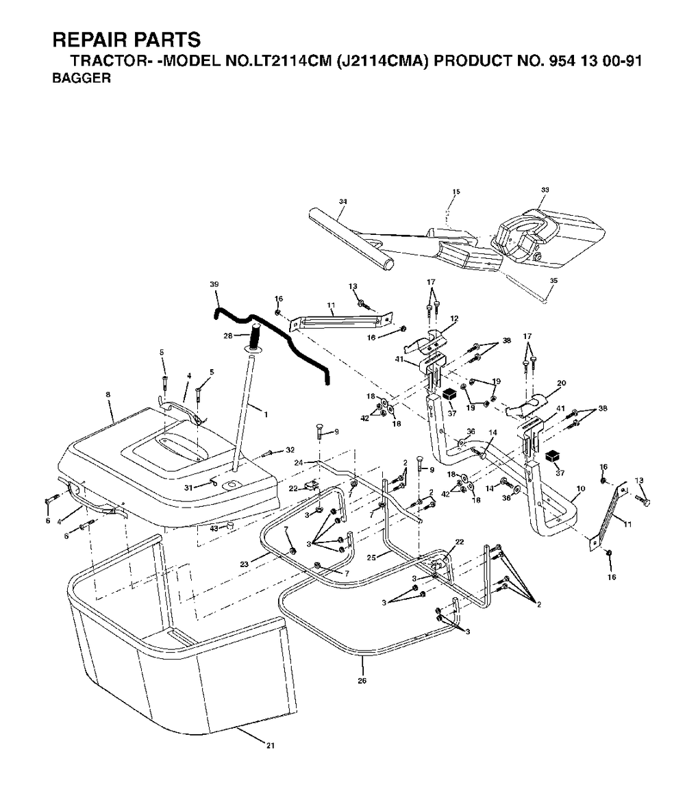 Bagger Diagram and Parts List for LT2114CM (954130091)(2003-01) Jonsered Lawn Tractor