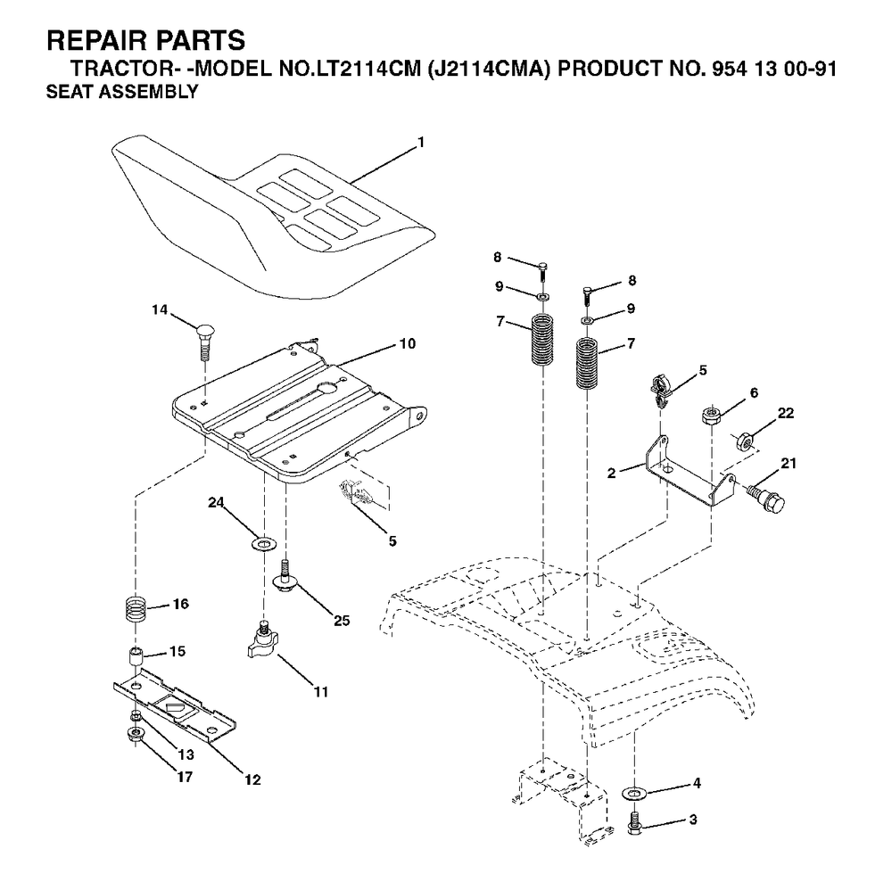 Seat Diagram and Parts List for LT2114CM (954130091)(2003-01) Jonsered Lawn Tractor