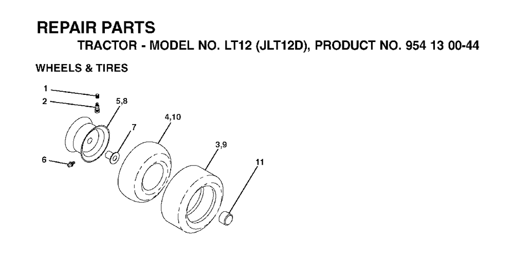 Wheels Tires Diagram and Parts List for LT12 (954130044)(2002-02) Jonsered Lawn Tractor