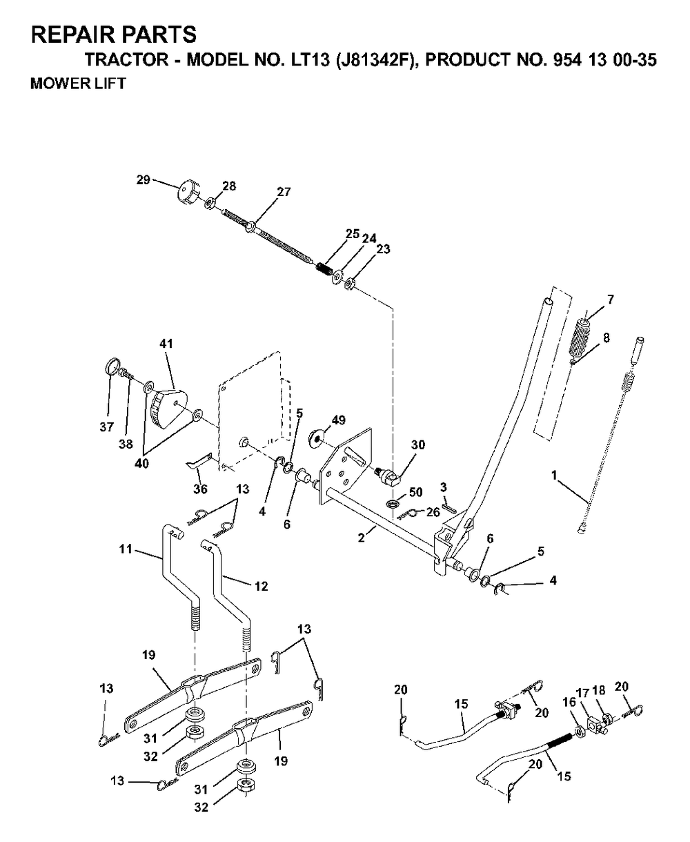 Mower Lift / Deck Lift Diagram and Parts List for LT13 (954130035)(2000-04) Jonsered Lawn Tractor