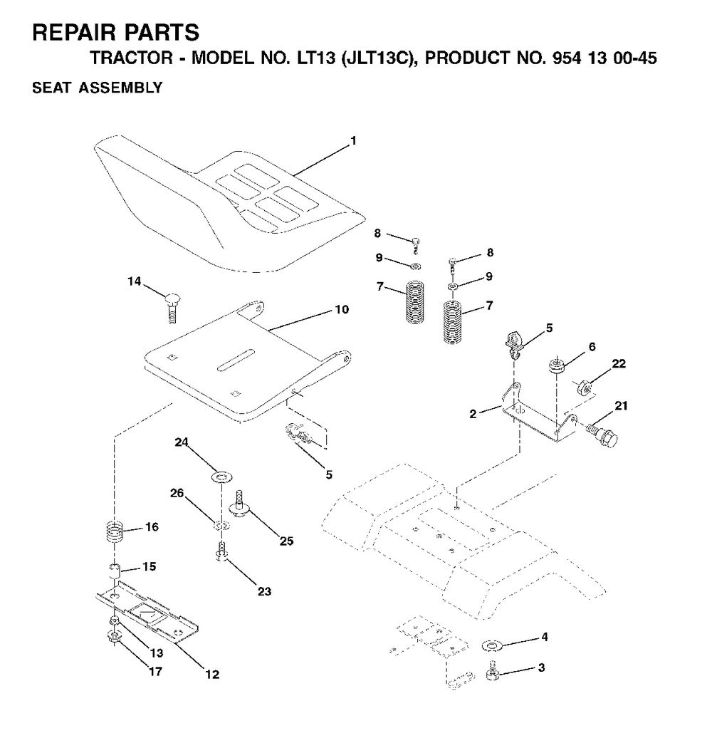 Seat Diagram and Parts List for LT13 (954130045)(2001-09) Jonsered Lawn Tractor