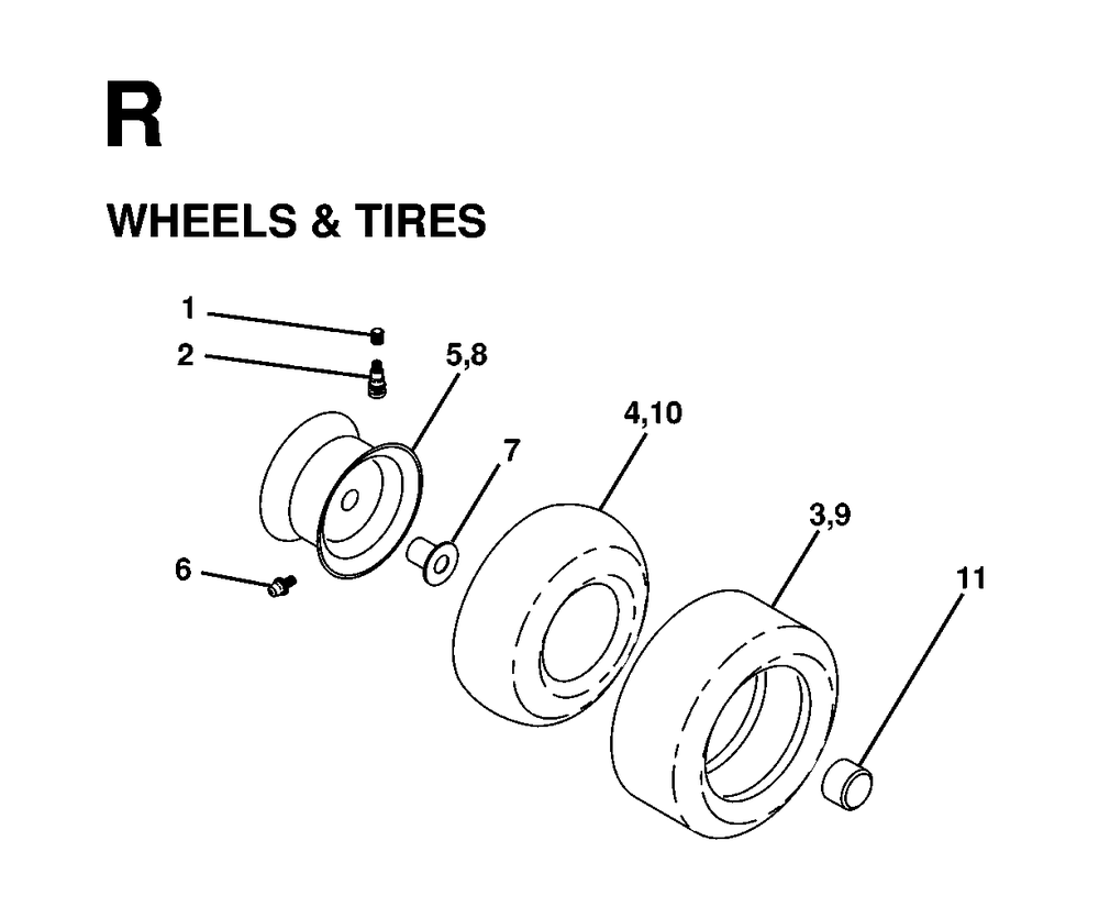 Wheels Tires Diagram and Parts List for LTH18 1998-04 Jonsered Lawn Tractor