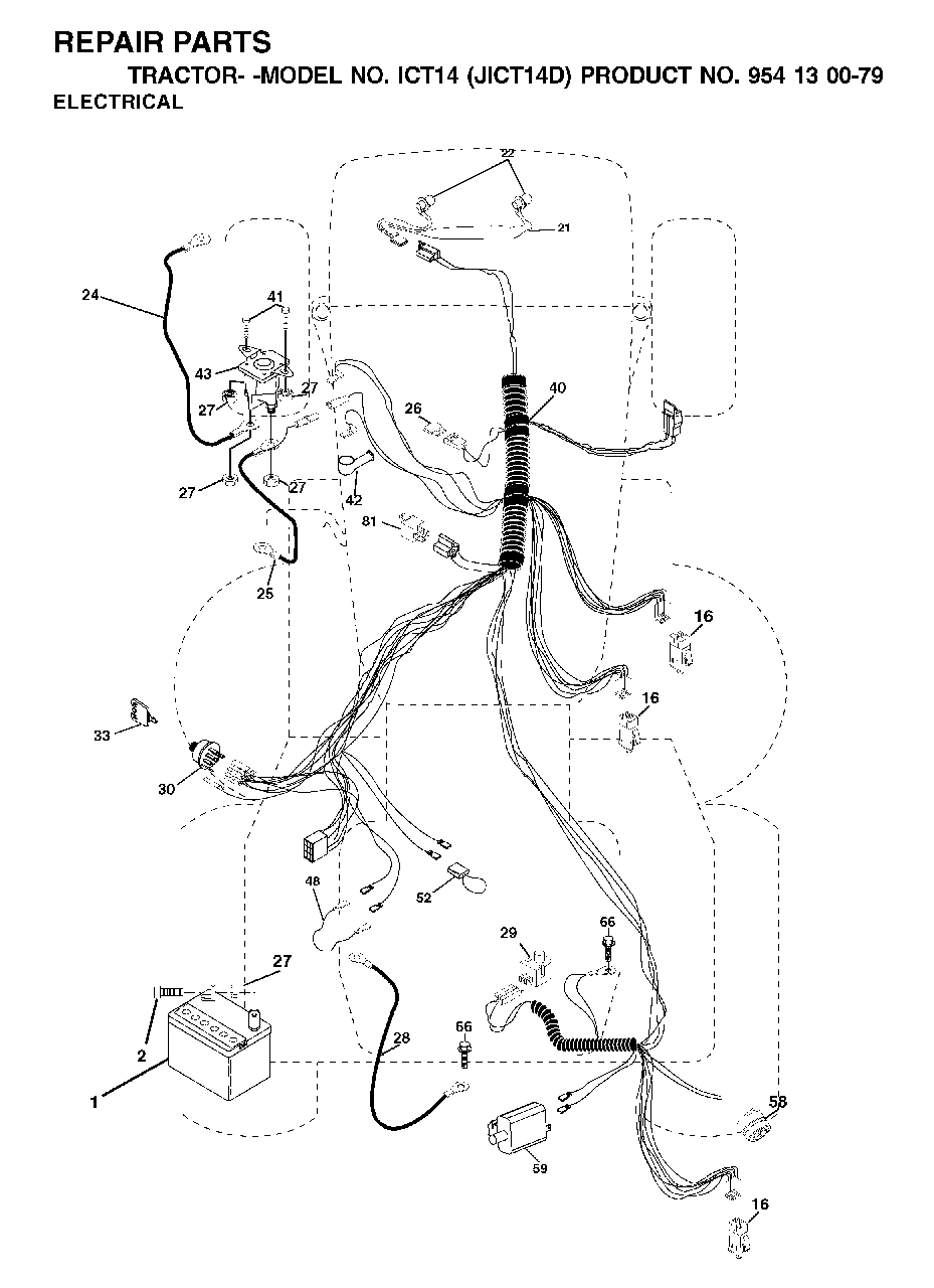 Electrical Diagram and Parts List for ICT14 (954130079-D)(2002-06) Jonsered Lawn Tractor