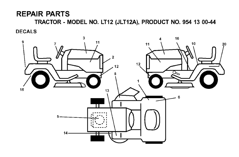 Decals Diagram and Parts List for LT12 (954130044)(2001-01) Jonsered Lawn Tractor