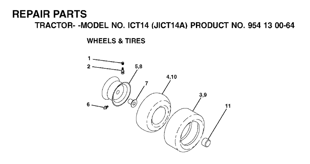 Wheels Tires Diagram and Parts List for ICT14 (954130064)(2002-02) Jonsered Lawn Tractor