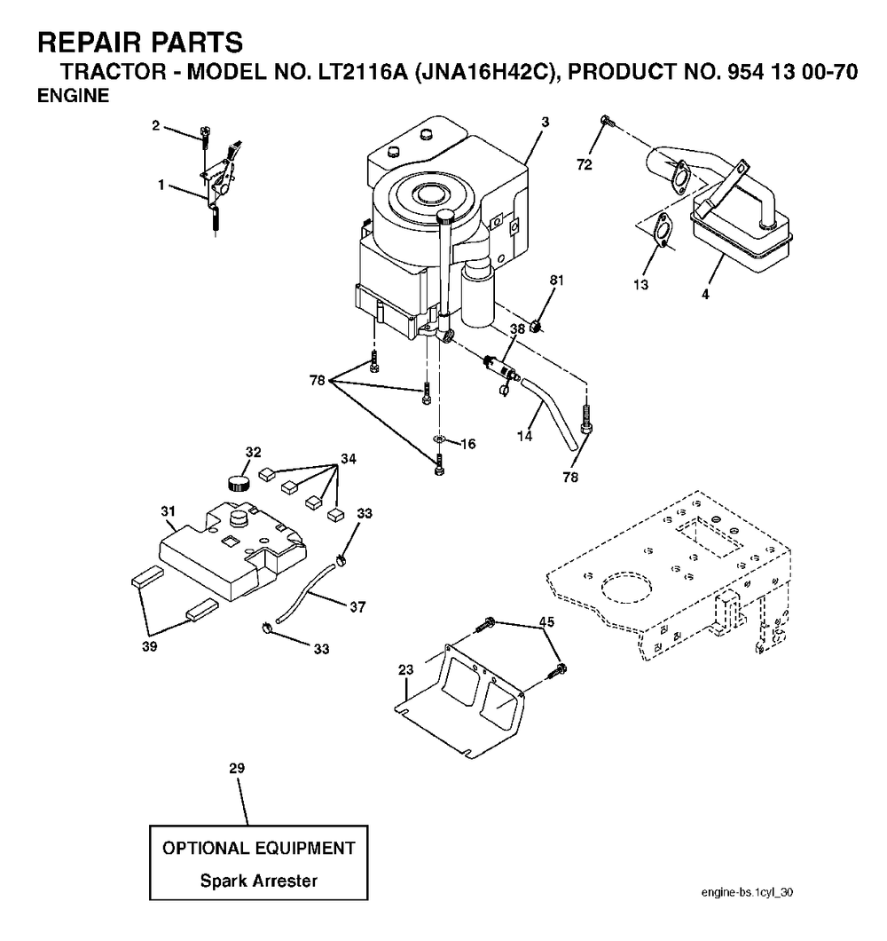 Engine Diagram and Parts List for LT2116A (954130070)(2003-05) Jonsered Lawn Tractor