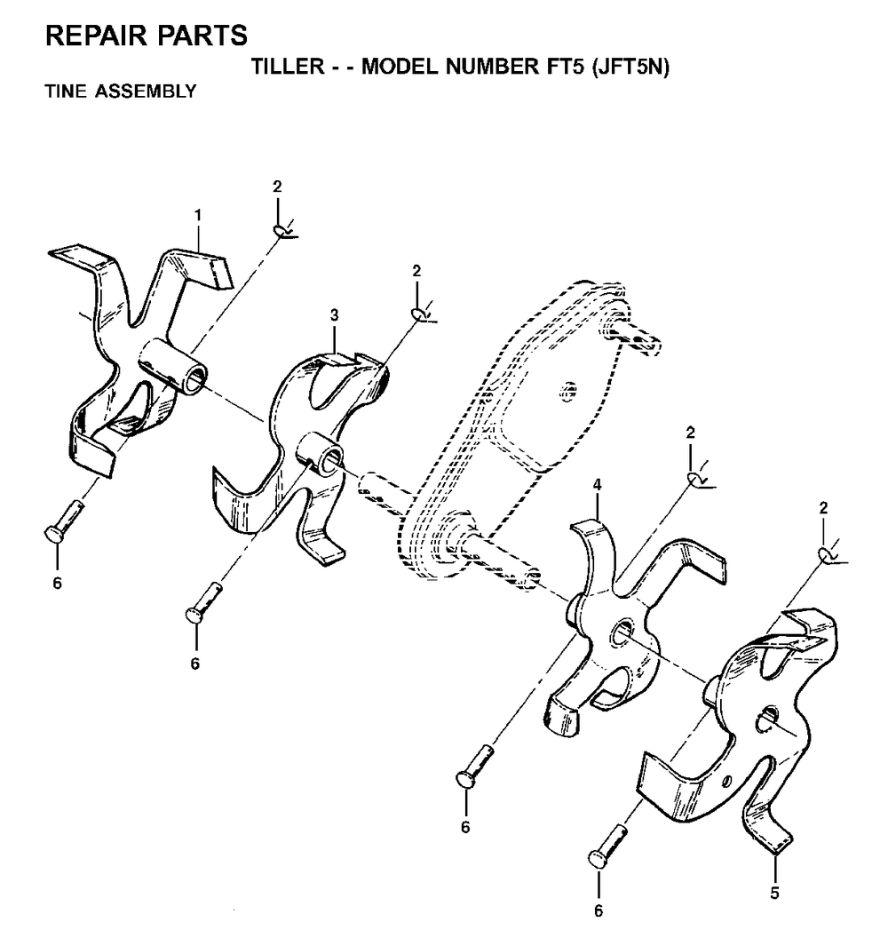 Tine Assembly Diagram and Parts List for FT5 2001-01 Jonsered Tiller