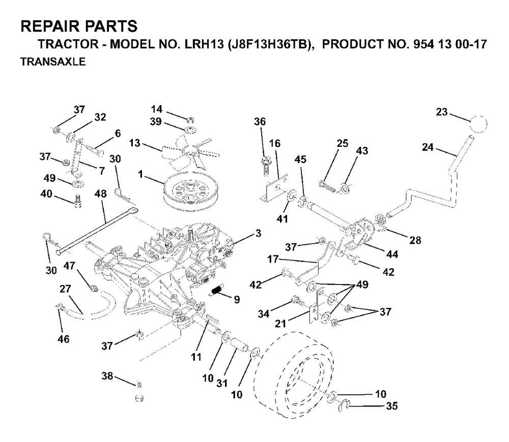 Transmission Diagram and Parts List for LRH13 (954130017)(1998-12) Jonsered Lawn Tractor