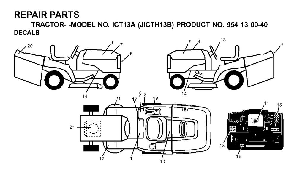 Decals Diagram and Parts List for ICT13A (954130040)(2000-04) Jonsered Lawn Tractor