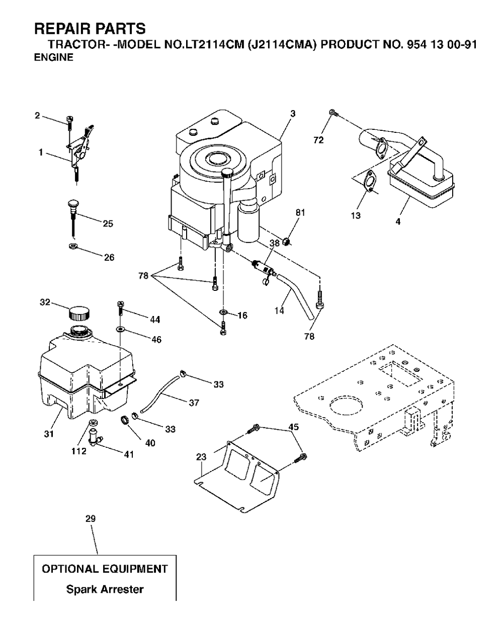 Engine Diagram and Parts List for LT2114CM (954130091)(2003-01) Jonsered Lawn Tractor