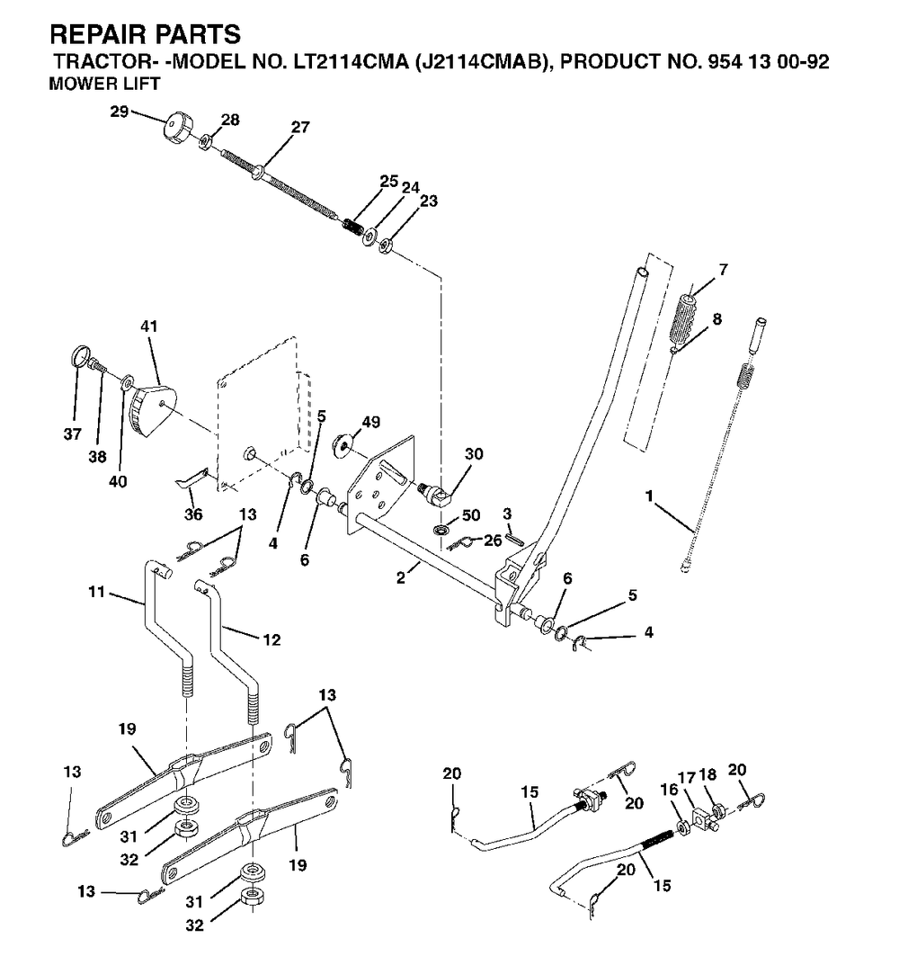 Mower Lift / Deck Lift Diagram and Parts List for LT2114CMA (954130092-B)(2003-01) Jonsered Lawn Tractor