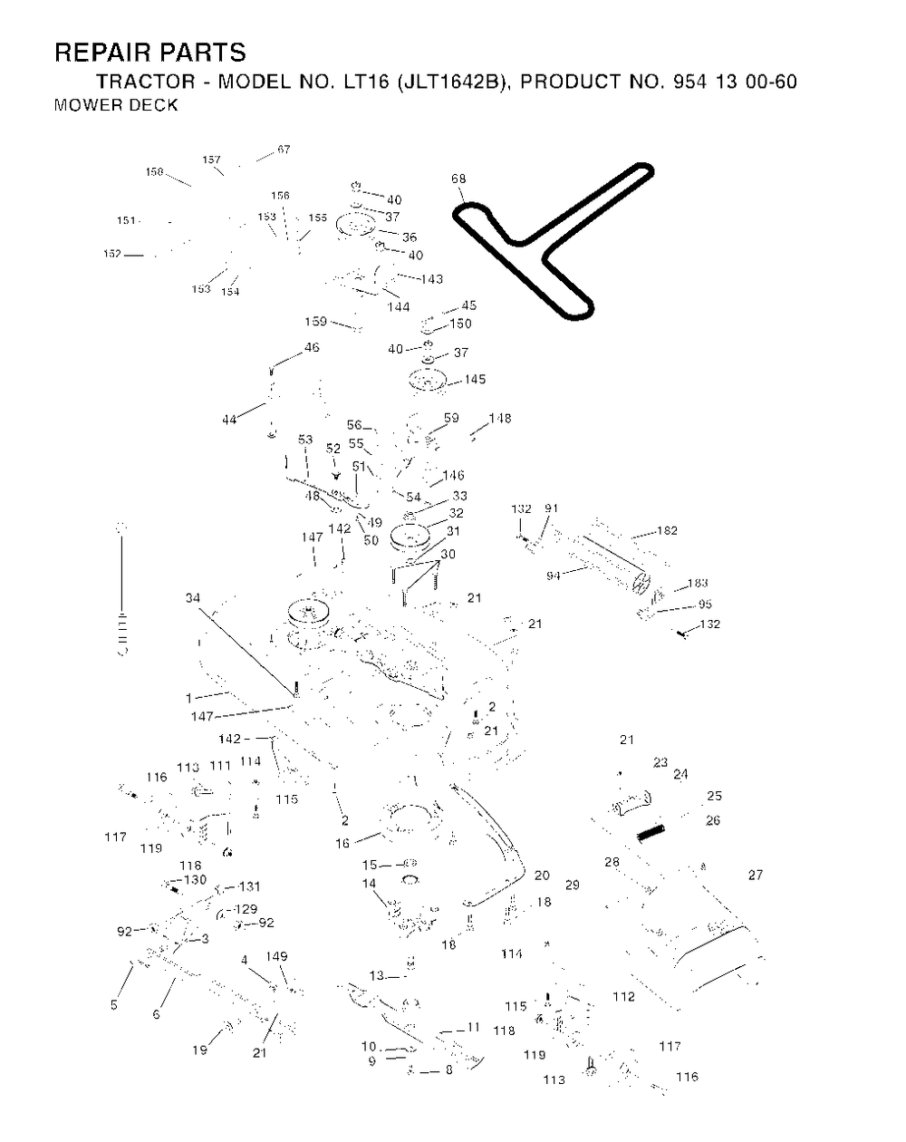Mower Deck / Cutting Deck Diagram and Parts List for LT16 (954130060-B)(2002-06) Jonsered Lawn Tractor