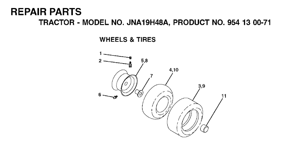 Wheels Tires Diagram and Parts List for LT19A (954130071)(2003-01) Jonsered Lawn Tractor