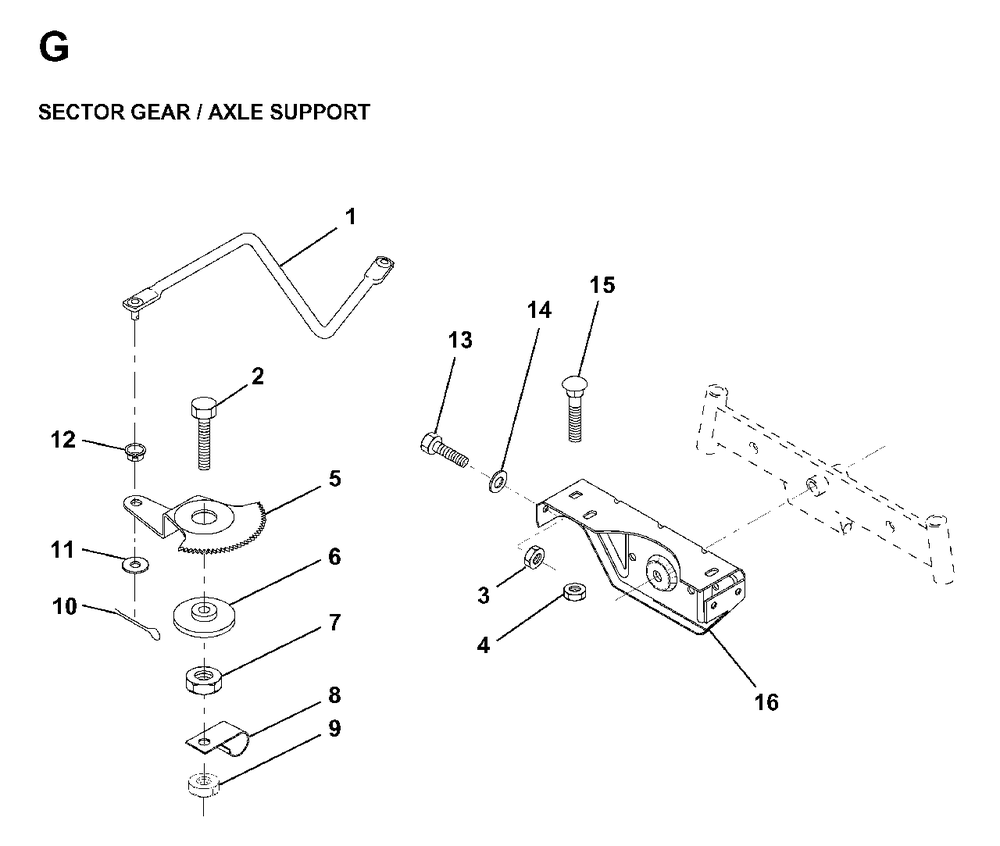 Sector Gear / Axle Support Diagram and Parts List for LRH13 1998-01 Jonsered Lawn Tractor