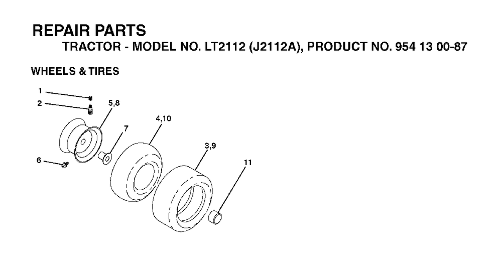 Wheels Tires Diagram and Parts List for LT2112 (954130087)(2003-01) Jonsered Lawn Tractor