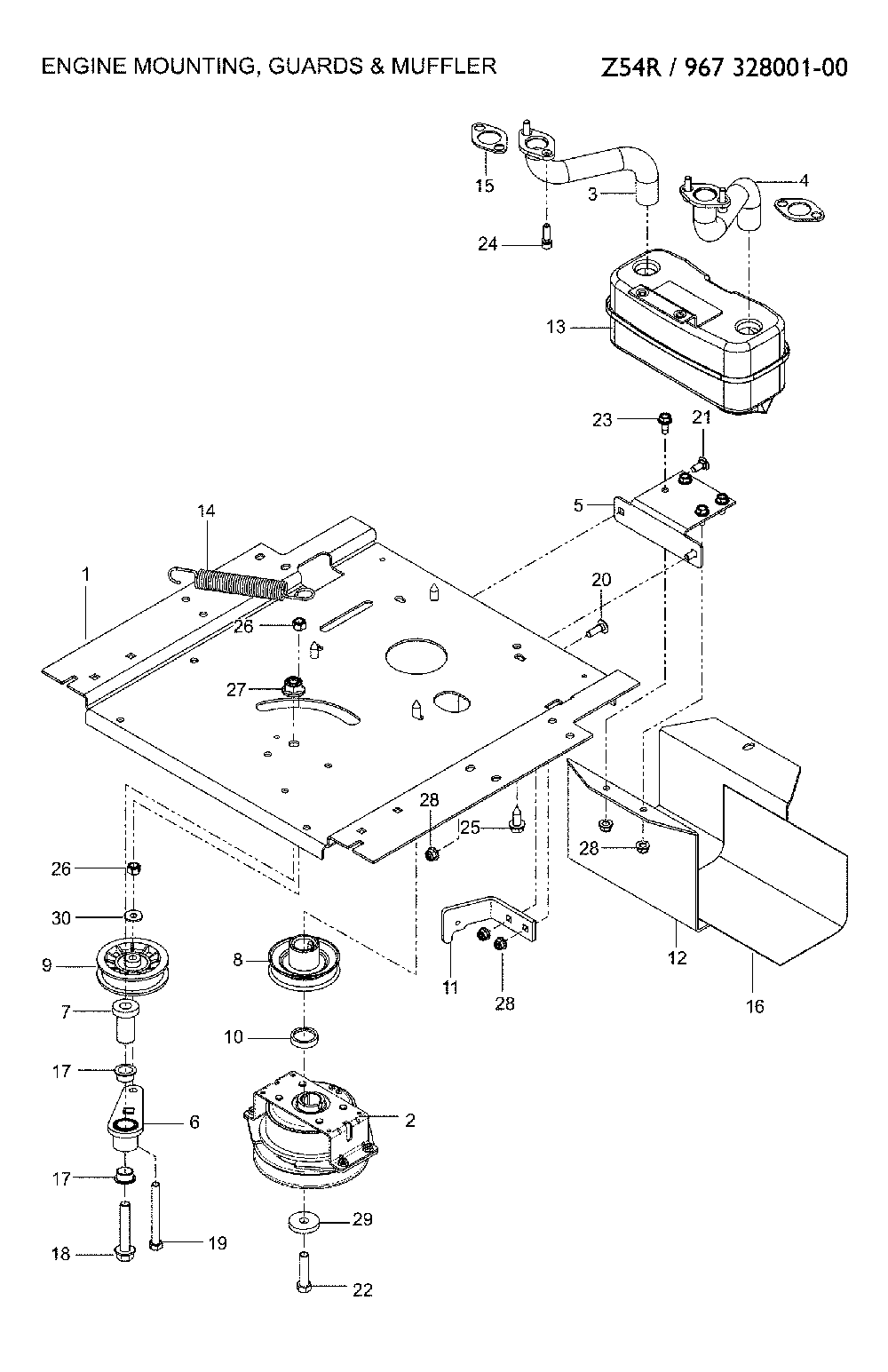 Engine mounting/guards/muffler Diagram and Parts List for 967328001-00  Jonsered Lawn Mower