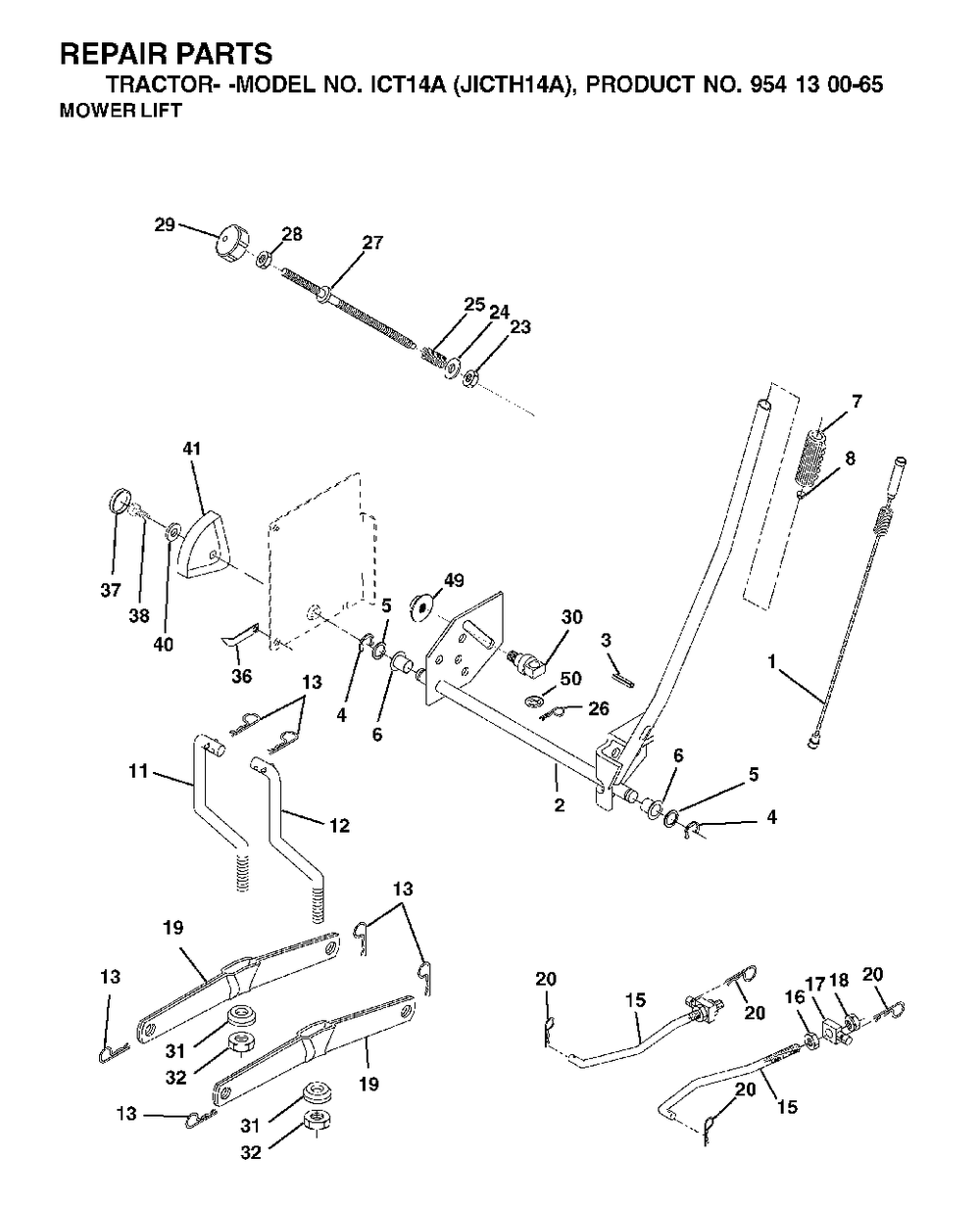 Mower Lift / Deck Lift Diagram and Parts List for ICT14A (954130065-A)(2002-02) Jonsered Lawn Tractor