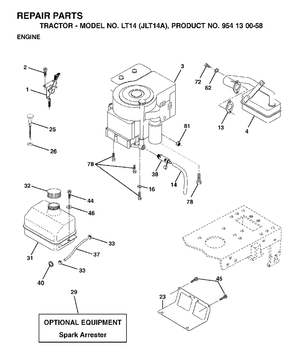 Engine Diagram and Parts List for LT14 (954130058)(2002-06) Jonsered Lawn Tractor