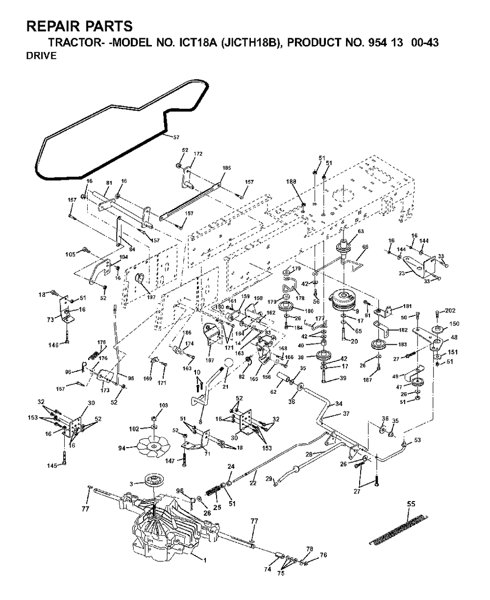 Drive Diagram and Parts List for ICT18A (954130043-B)(2001-02) Jonsered Lawn Tractor